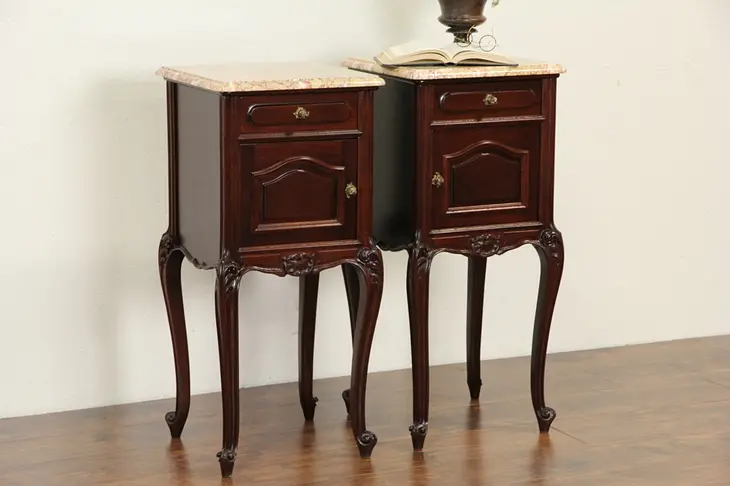 Pair of Marble Top 1915 Antique French Mahogany Nightstands