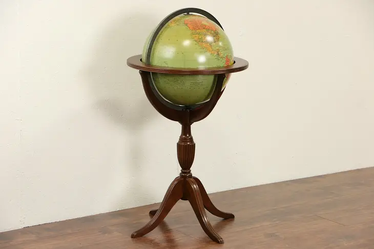 World Globe, 1940's Vintage Walnut Library Stand