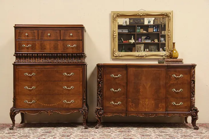 Pair 1940's Walnut Vintage Tall Highboy and Low Chest or Dresser
