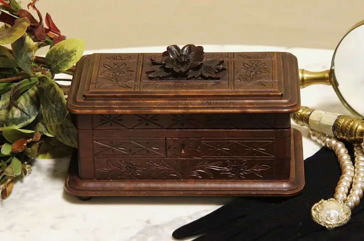 Black Forest Antique 1890's Hand Carved Jewel Box or Chest