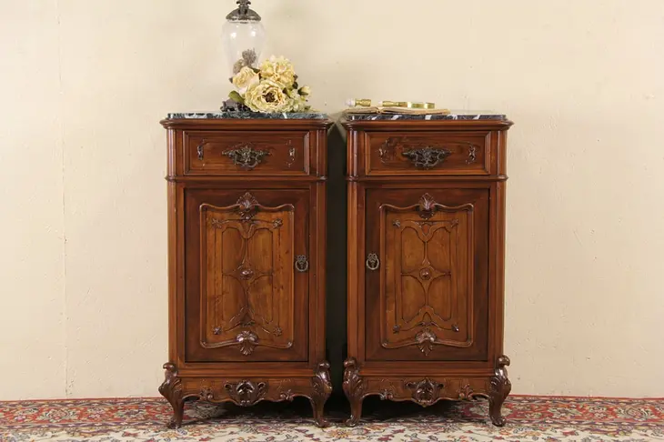 Pair of Italian Antique 1890 Nightstands or Bedside Tables, Marble Tops