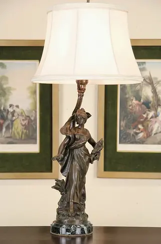 Flower Path 1900 Antique French Sculpture, Signed Moreau, Adapted to Lamp