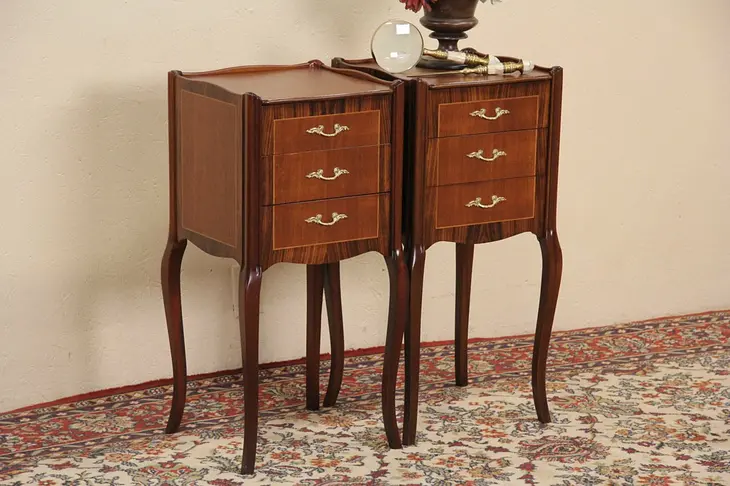 Pair French Rosewood & Mahogany 1950 Vintage Nightstands or End Tables