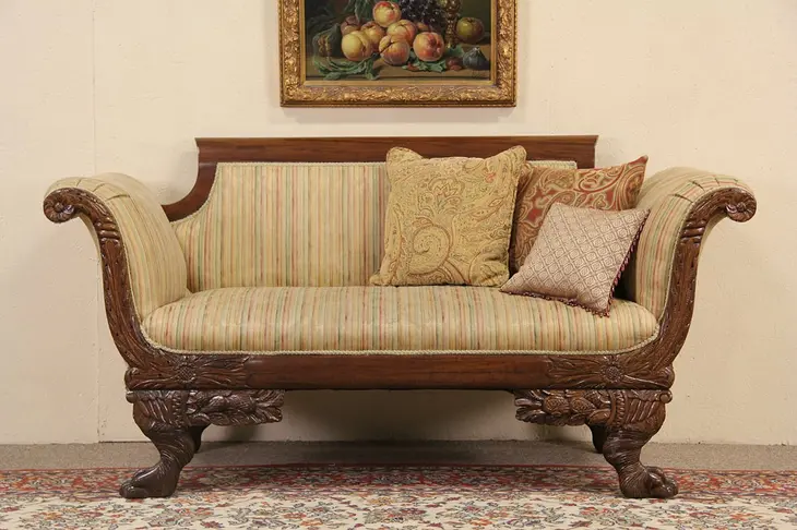 Empire 1900 Antique Carved Sofa or Loveseat, Lion Paws & Cornucopias