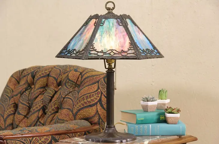 Lamp with Blue Stained Glass Shade, 1920's Antique