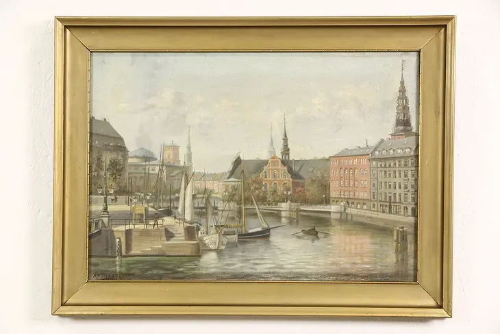 Sailboat in Harbor & Spires, Antique Original Oil Painting, Signed Jacobsen 1918