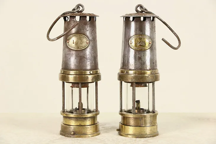 Pair of 1900 Antique Coal Miner Oil Lanterns, Signed Patterson Lamp England