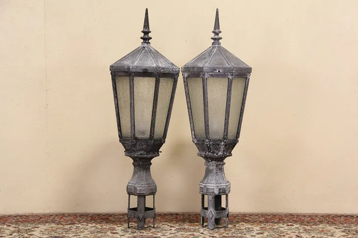 New York City Salvage 1920's Antique Street Light Lamp or Lantern, Pair