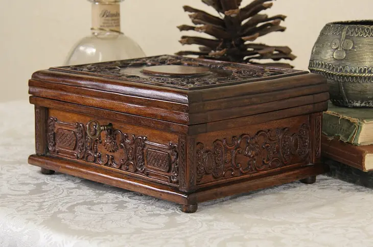 French Antique 1890's Carved Walnut Jewelry, Memento or Sewing Box