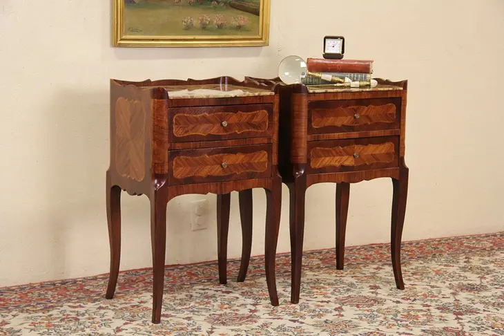Pair French Rosewood Marquetry Marble Top End Tables or Nightstands