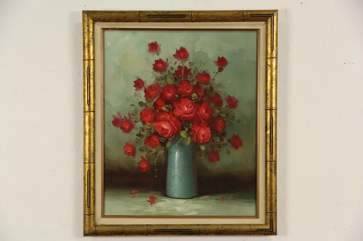 Red Roses Still Life Vintage Signed Oil Painting