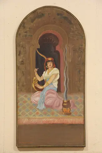 Young Woman Playing the Harp, Original Borsa 1924 Oil Painting