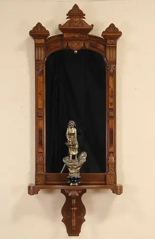Victorian 1880 Antique Walnut Hall Mirror & Shelf