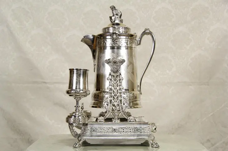 Reed & Barton Silverplate Tilting Water Pitcher or Kettle & Stand, Signed Christ