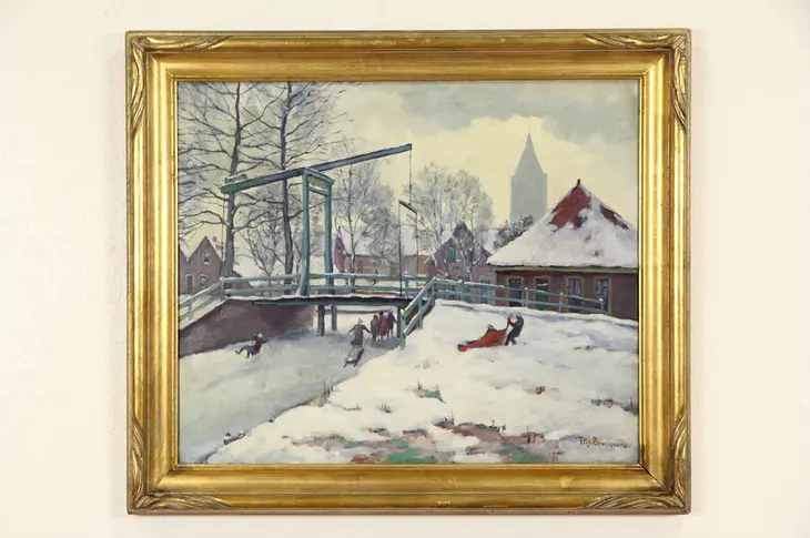 Scandinavian Winter Scene Original 1910 Antique 1910 Oil Painting by Brockman