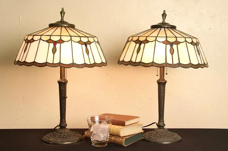 Pair of 1915 Antique Lamps, Leaded Stained Glass Shade