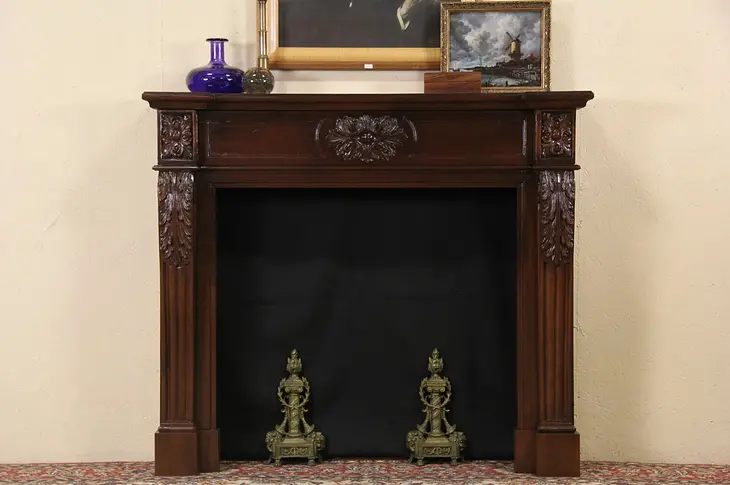Fireplace Vintage Mantel & Surround, Hand Carved Mahogany