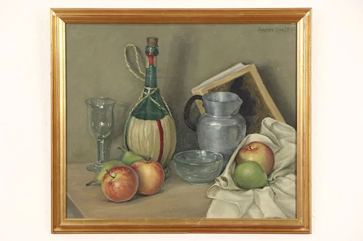 Still Life with Fruit, Original Italian 1930's Oil Painting Signed Serritti