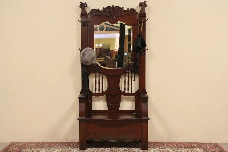 Oak 1900 Antique Hall Bench & Stand, Beveled Mirror