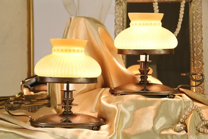 Pair of Chamber Stick Vintage Lamps, Cased Glass Shades