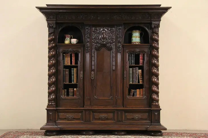 German Renaissance Carved Oak 1910 Antique Bookcase, Spiral Columns