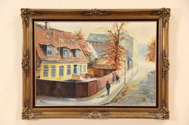 Danish Village Original 1940's Vintage Oil Painting, Signed Allan Karms