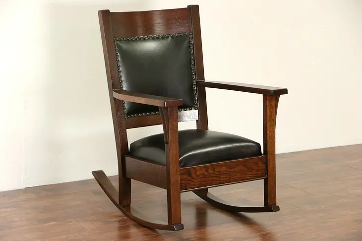 Arts & Crafts Mission Oak 1910 Antique Rocking Chair, New Leather Rocker