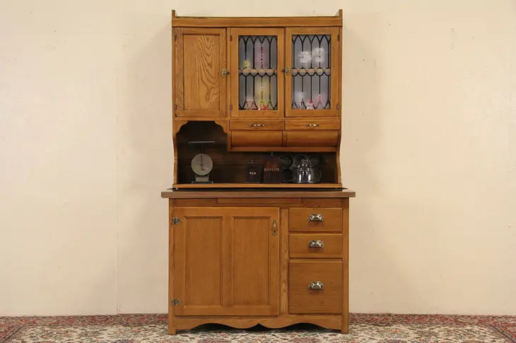 Oak 1900 Antique Hoosier Kitchen Cupboard, Copper Top