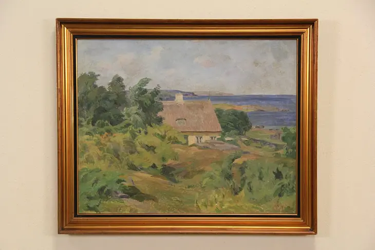 Thatched Cottage & Ocean Scene, Denmark, 1900 Original Oil Painting, 41" Wide