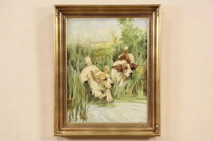Pair of Spaniel Hunting Dogs Chasing into a Pond, Original 1920's Oil Painting