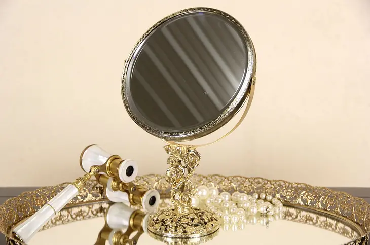 Gold Filigree Vintage Swivel Boudoir Magnifying Mirror