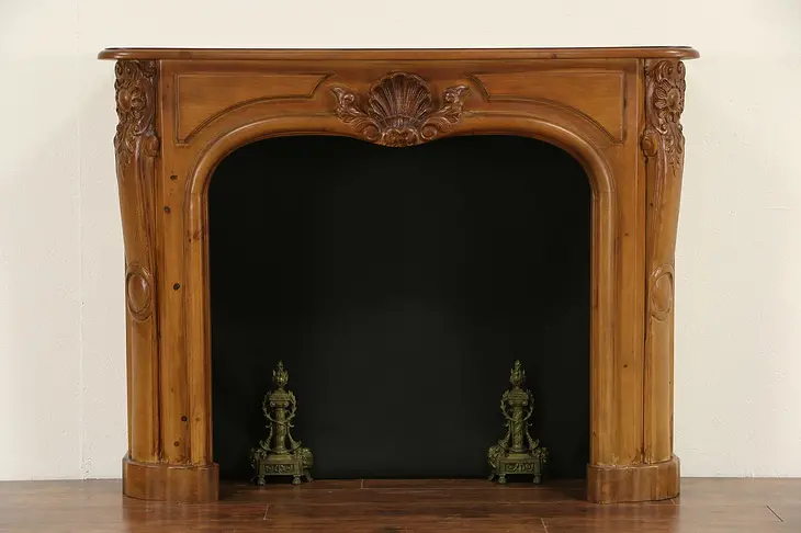 Country French Hand Carved Vintage Pine Fireplace Mantel