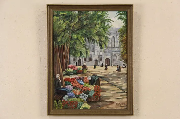 Flower Market in Denmark, Original Oil Painting Signed 1976
