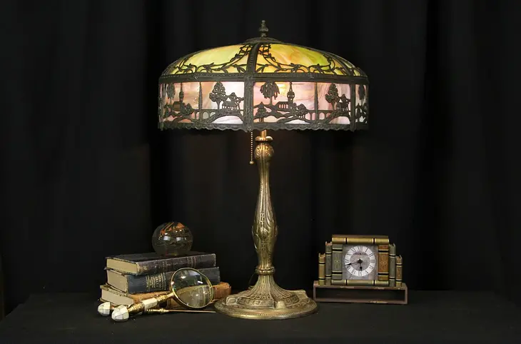 Stained Glass Shade 1915 Antique Table Lamp, Bronze Base