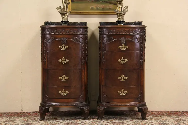 Pair Carved 1900 Antique Tall Pedestal Chests or Cabinets