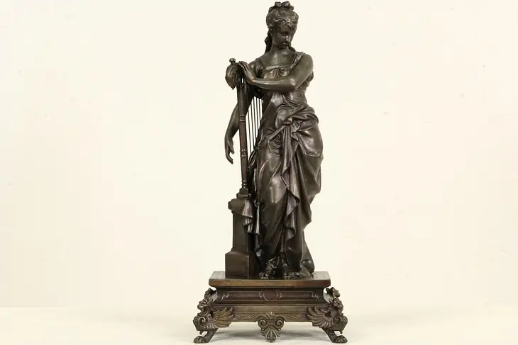 Harpist Statue, 1870 Antique Sculpture on Pedestal