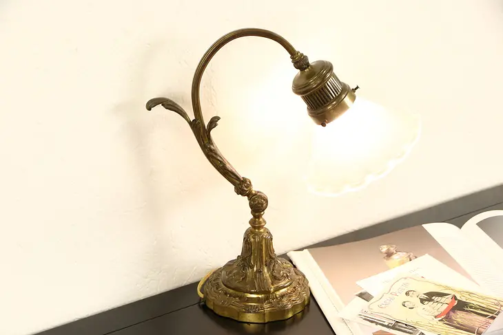 Bronze 1900 Antique Adjustable Desk Lamp, Satin Glass Shade