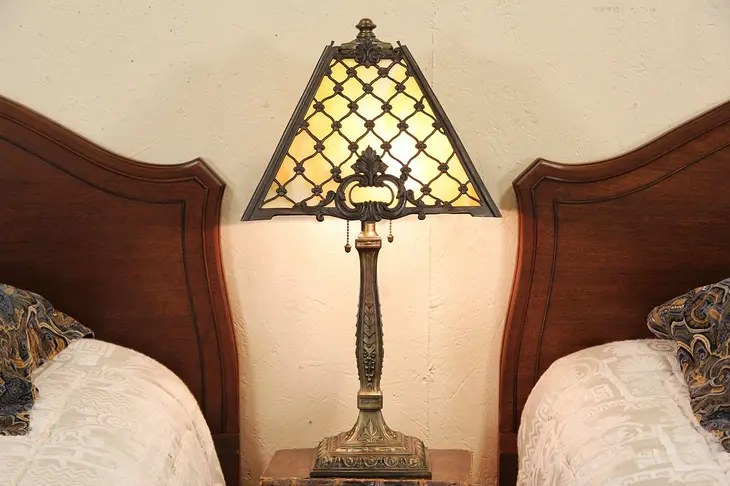 Wilkinson Stained Glass 1915 Antique Table Lamp, Woven Filigree Shade