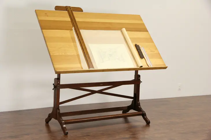 Artist Easel, Drafting Table or Desk, 1940's Adjustable Oak & Pine Antique