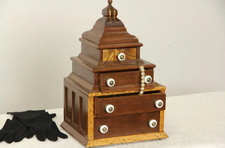 Hand Crafted 1890's Antique Jewelry Box, Birdseye Curly Maple & Walnut