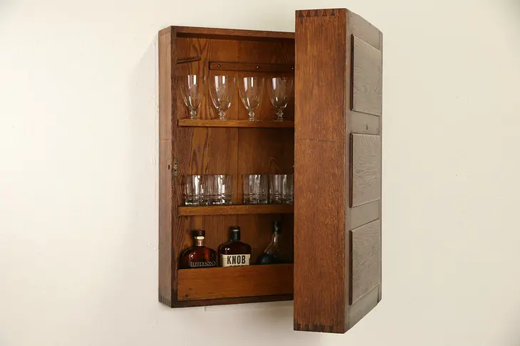 Carpenter 1900 Antique Oak Wall or Countertop Tool Cabinet, Bar Chest