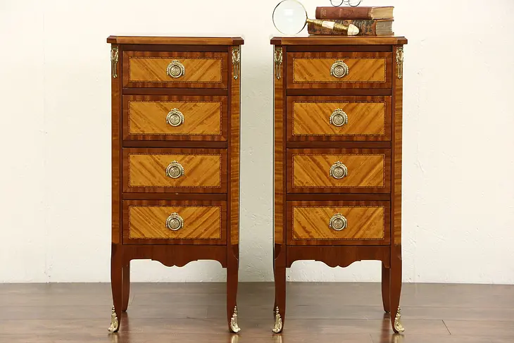 Pair French 1940's Vintage Satinwood Nightstands or End Tables, Gold Mounts