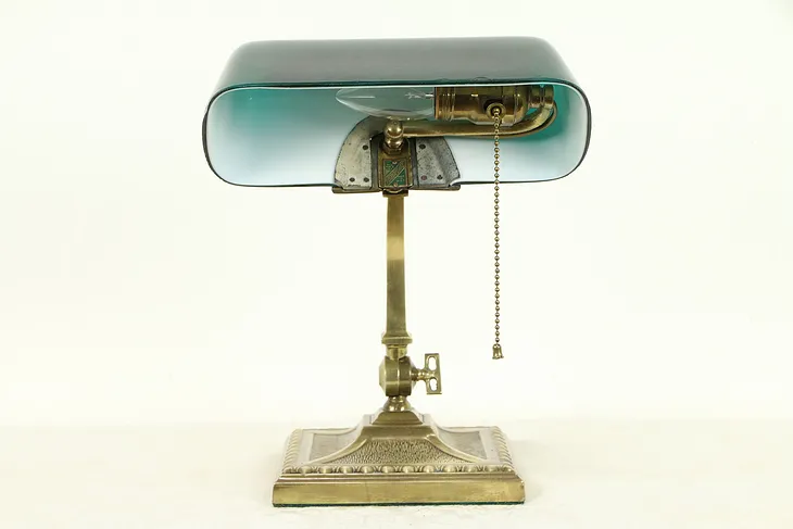 Verdelite Emerald 1917 Pat Antique Brass Banker Desk or Piano Lamp, Chips #32585