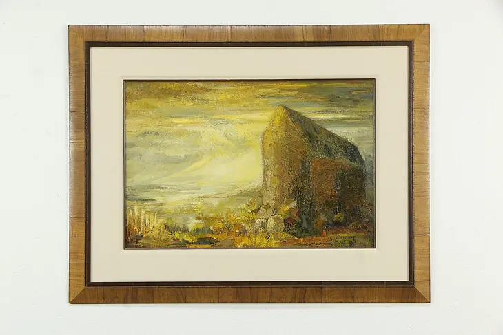 Barn at Sunset Vintage Original Oil Painting, Signed Georges Brunon 41" #33695