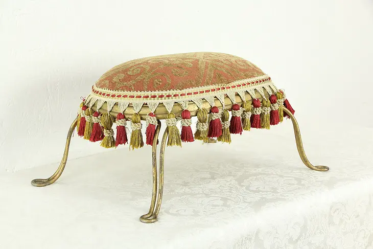Victorian Antique Oval Footstool, New Upholstery with Fringe #34746