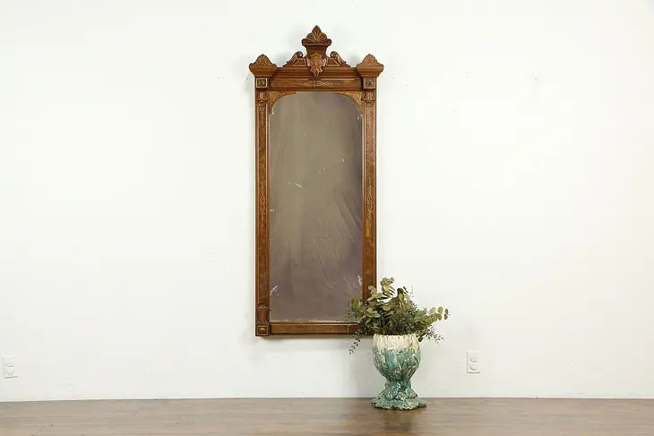 Victorian Antique Carved Walnut & Burl Hall Mirror  #34820