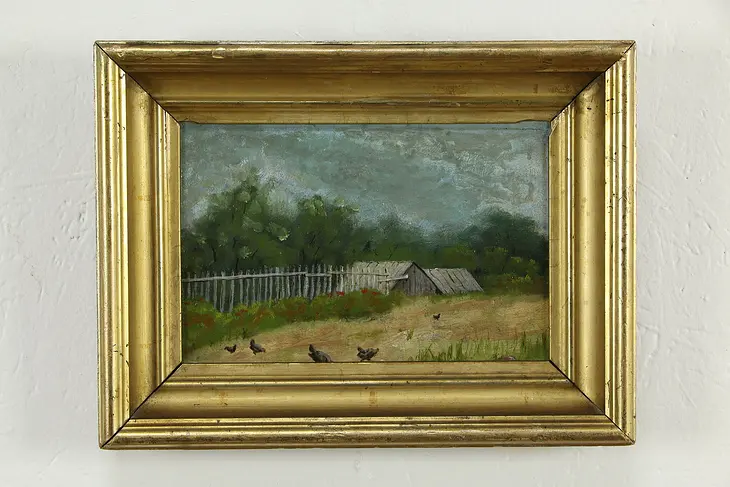 Farm Scene with Chickens Original Antique Oil Painting, Boston Canvas 12" #35047