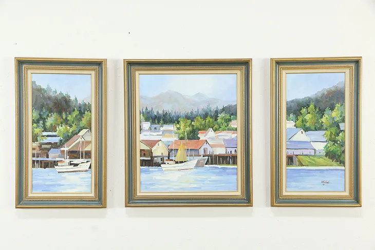 New England Harbor Scene, 3 Original Oil Paintings, Linford, 29.5"  #35085