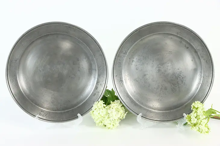 Pair of Antique Pewter Plates, Makers Stamps, 9" #37473
