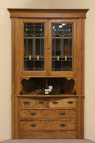 Oak Antique Corner Cabinet, Leaded Stained Glass Doors